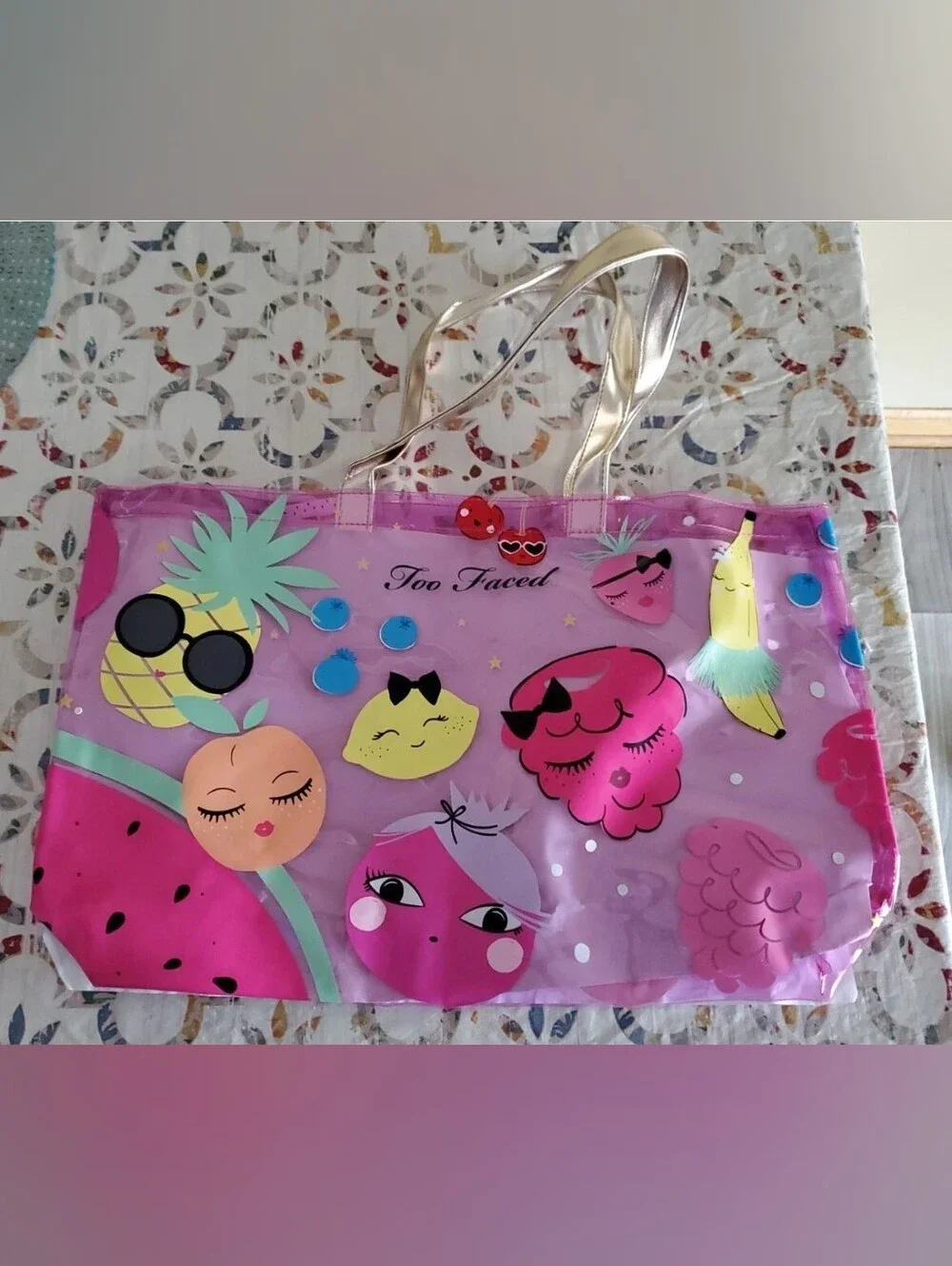 Too Faced Vinyl  Clear Tote - Pink with Gold Handles Tutti Frutti New